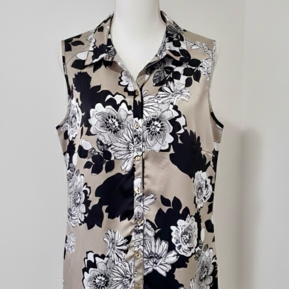 Apostrophe| Black, Tan & White Satin Floral Button-Down Tunic Blouse Sz 4